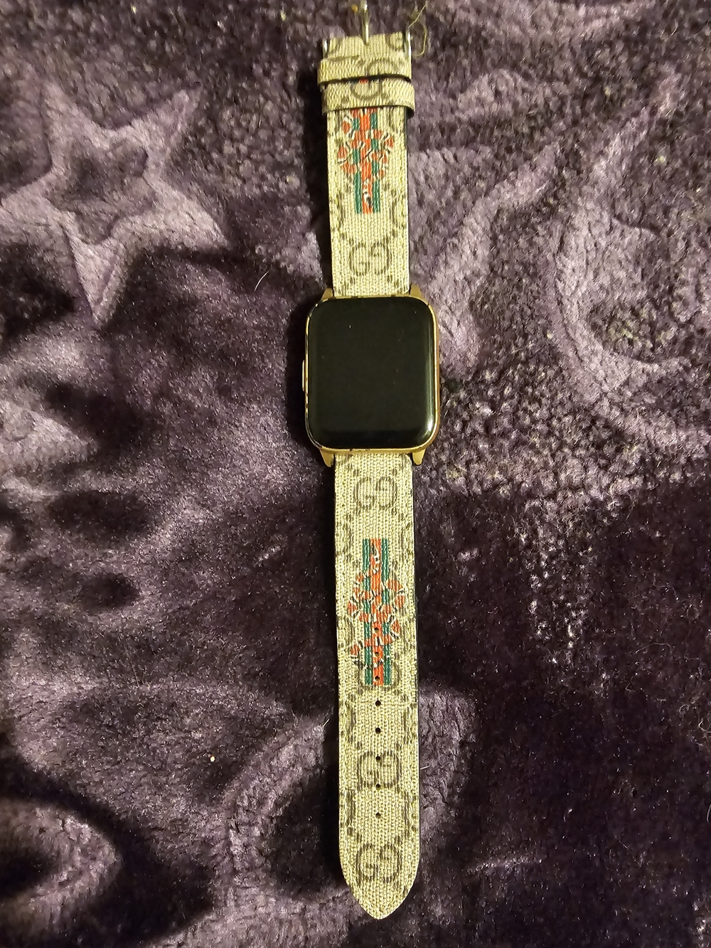Gucci Gold-Tone Smartwatch with Beige Monogram Fabric Band